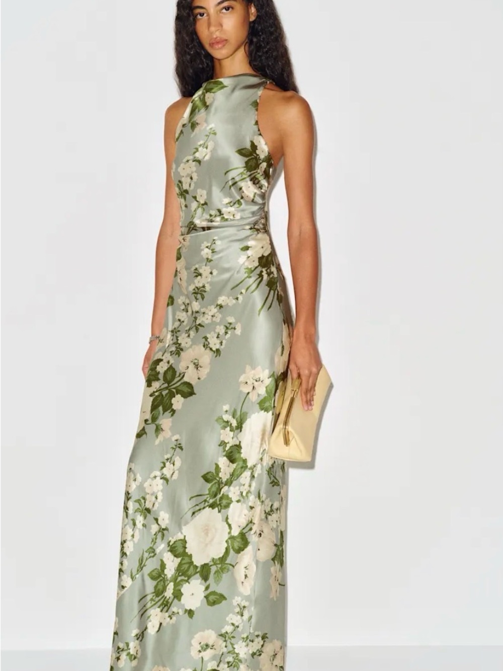 Reformation Satin Floral Halter Maxi Dress in Sage Green